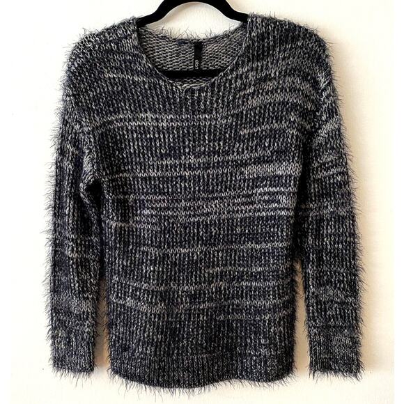 Elan Black Gray Marled Fuzzy Long Sleeve Round Neck Cable Knit Sweater Small - Picture 1 of 8